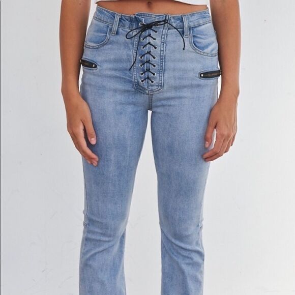 - High Waisted Denim Lace Up Bell  Bottom Je… - Picture 2 of 7